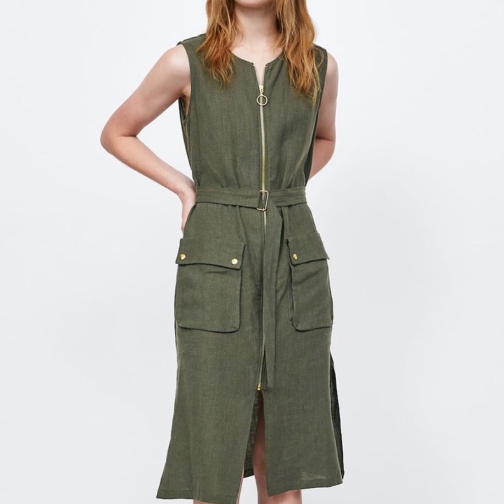 Zara Front Zip Linen Belted Dress